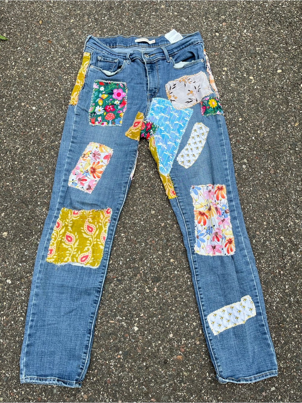 Levi's Blue Straight-Leg Jeans with Multi-Color Floral Patchwork